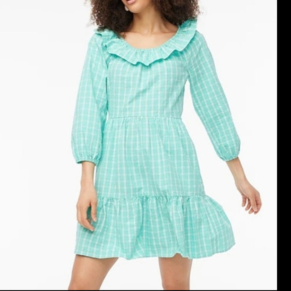 J.Crew Seersucker Summer Dress 6 Mint Green Ruffle Cottage Prairie Whimsy NWT
